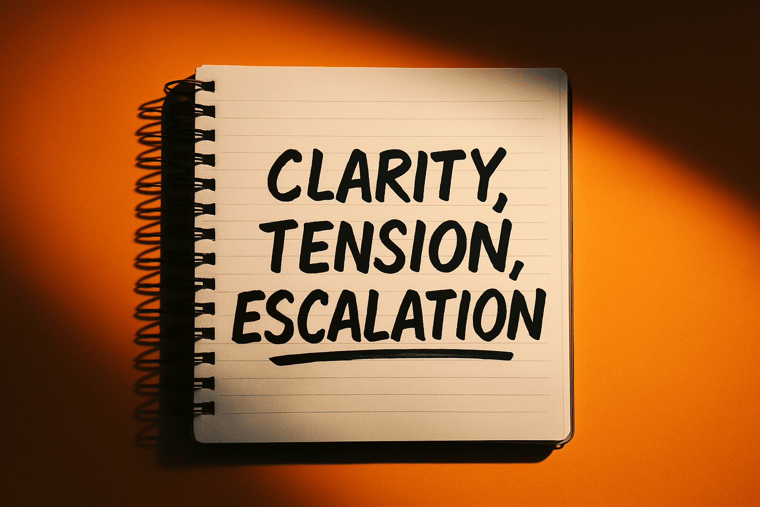 Notebook with dramatic lighting and the words “Clarity, Tension, Escalation” written in bold marker