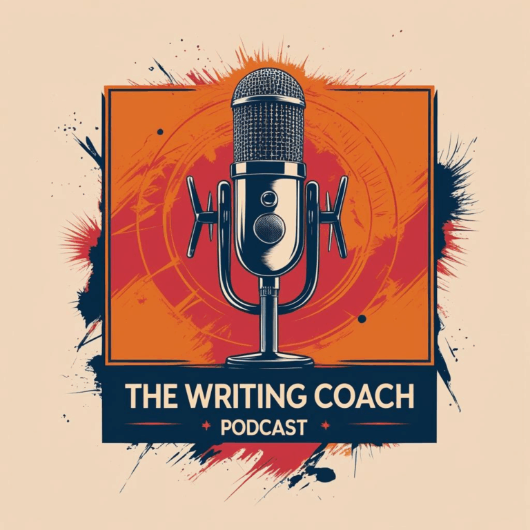 The Writing Coach Podcast logo: a vintage microphone on an orange square